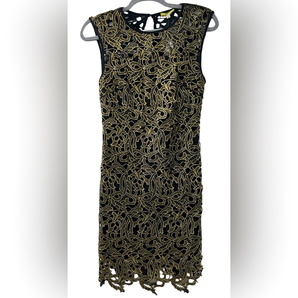 Gianni Bini Gold Lace Black Sheath Lined Arianna Cocktail Dress Size XS